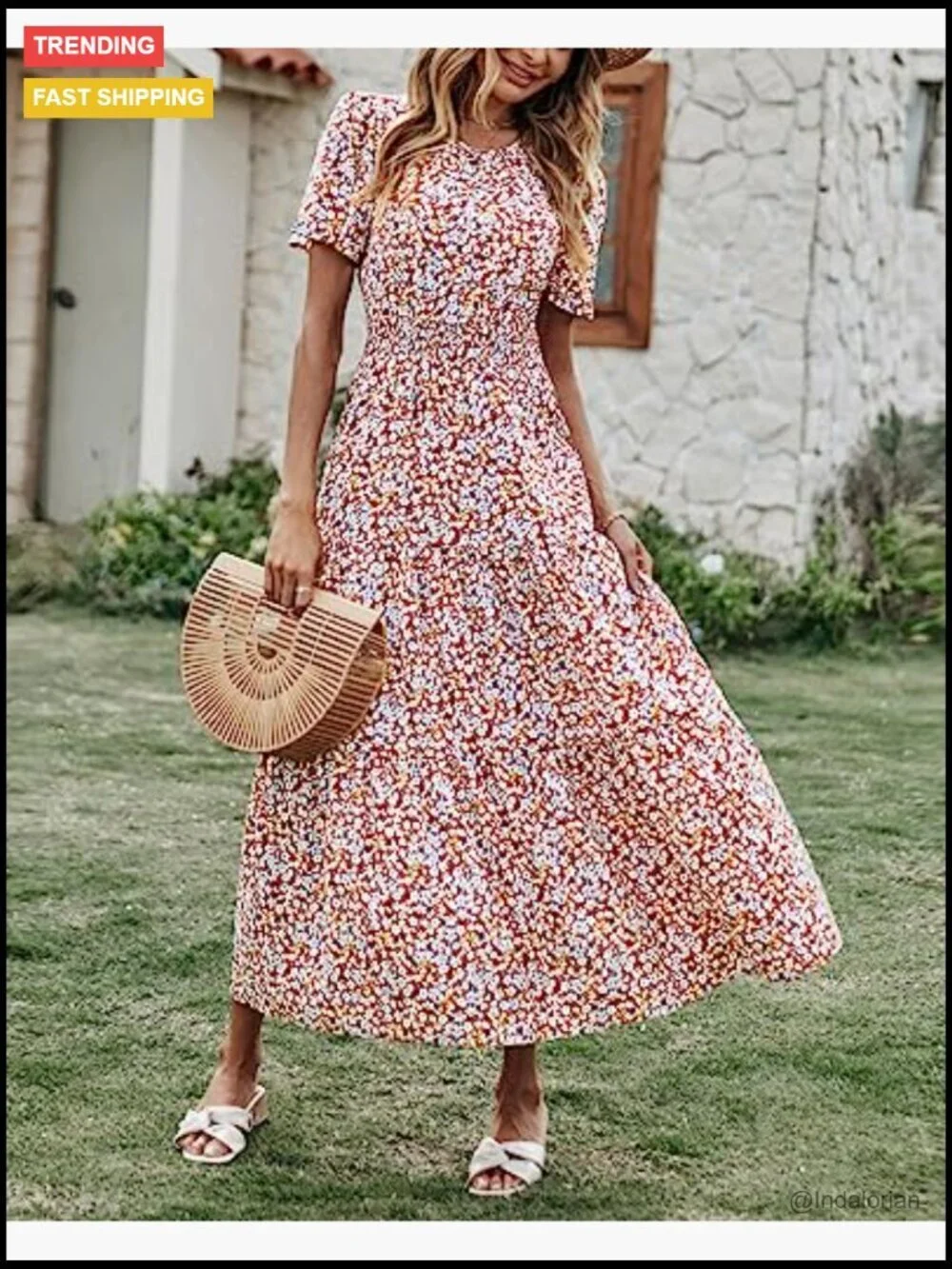 Polyester Elastane Flutter Sleeve Smocked Waist Tiered Maxi Dress
